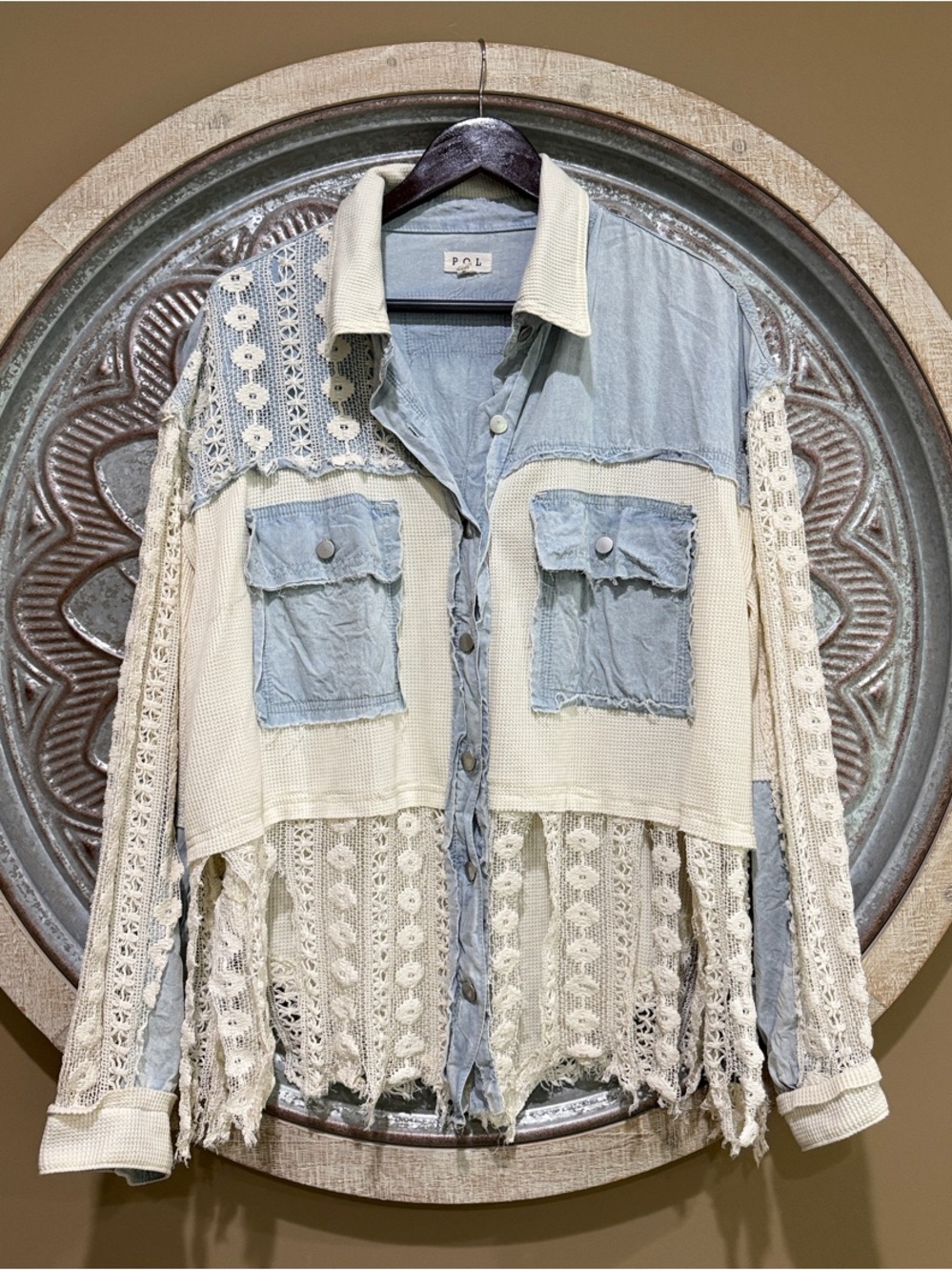 POL Lace & Chambray Patchwork Button-Down Jacket - Cream and Light Blue